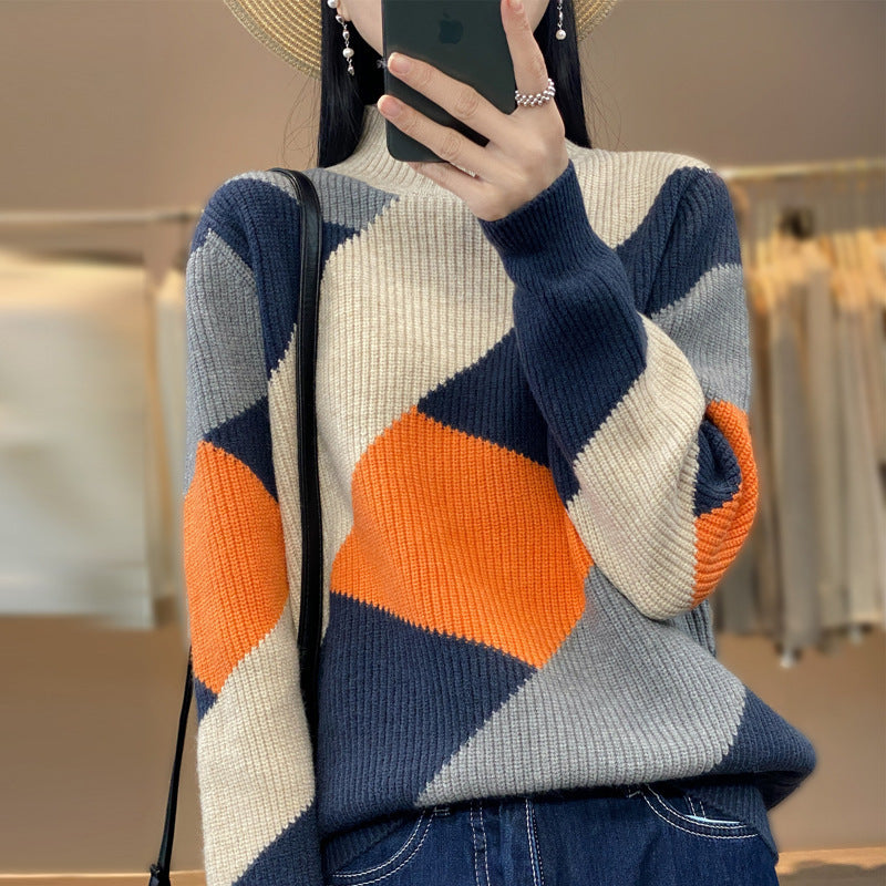 Long Sleeve Half Turtleneck Loose Diamond Color Matching Knitted Bottoming Shirt