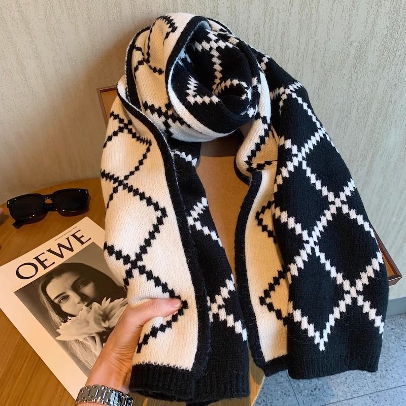 Diamond Plaid Scarf Thickened Warm Wool