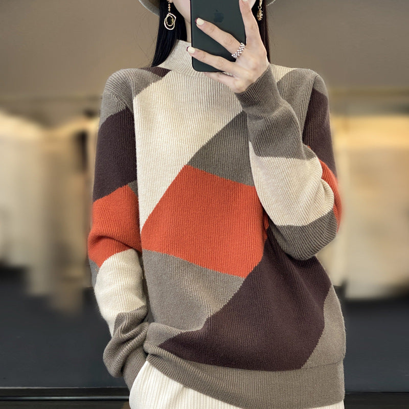 Long Sleeve Half Turtleneck Loose Diamond Color Matching Knitted Bottoming Shirt