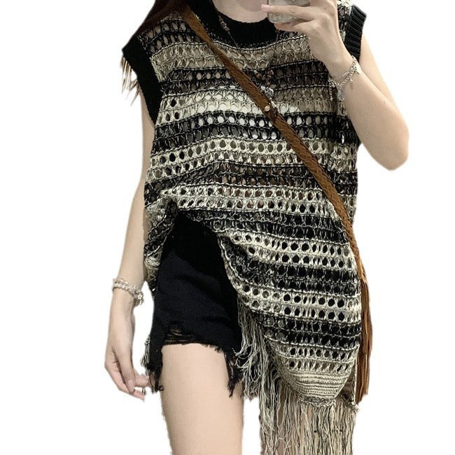 Niche Retro Design Hollow Sleeveless Knitwear