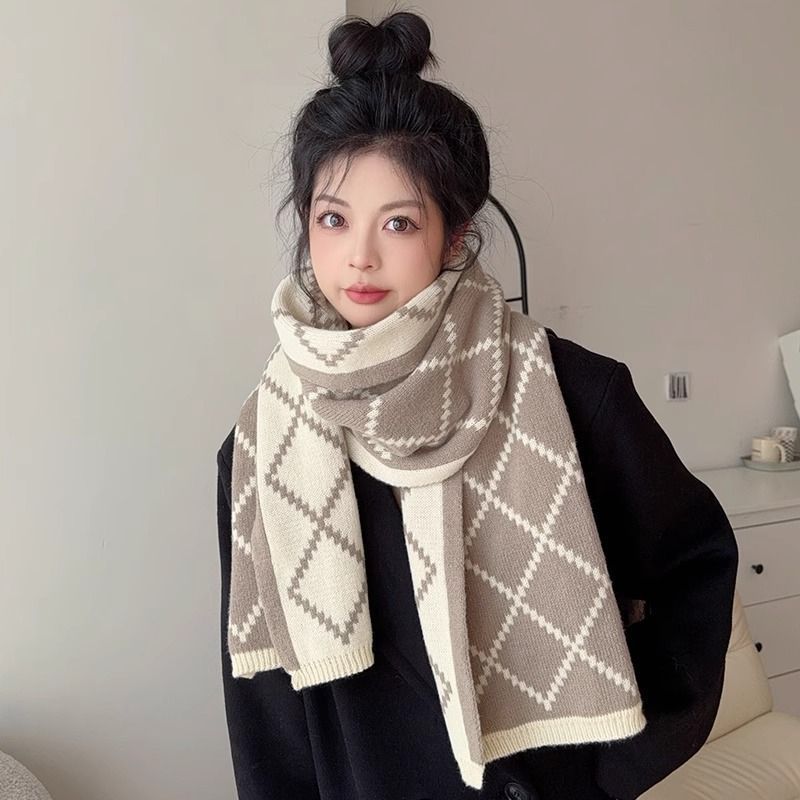 Diamond Plaid Scarf Student Couple Thickened Warm Wool